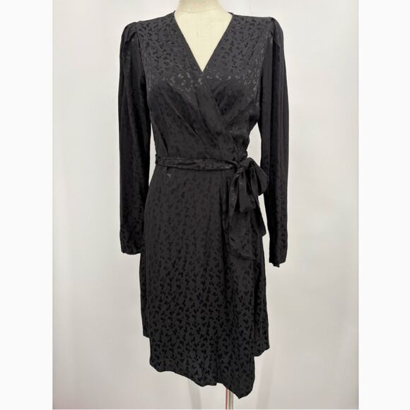 EXPRESS Leopard Jacquard Puff Sleeve Wrap Dress Size Small Black Semi-Sheer - Picture 1 of 10
